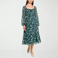 Trixxi Womens Long Sleeve Floral Midi Juniors Fit + Flare Dress