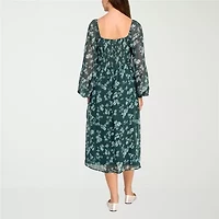 Trixxi Womens Long Sleeve Floral Midi Juniors Fit + Flare Dress