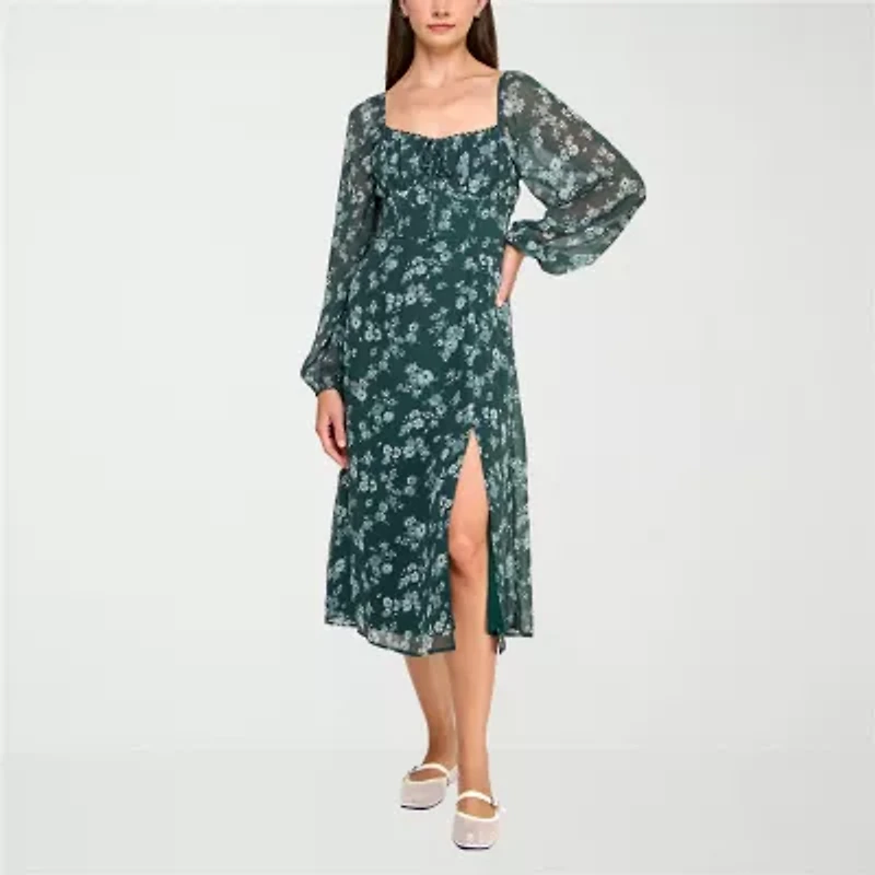 Trixxi Womens Long Sleeve Floral Midi Juniors Fit + Flare Dress