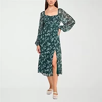Trixxi Womens Long Sleeve Floral Midi Juniors Fit + Flare Dress