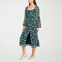 Trixxi Womens Long Sleeve Floral Midi Juniors Fit + Flare Dress