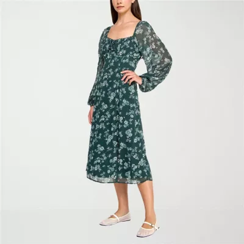 Trixxi Womens Long Sleeve Floral Midi Juniors Fit + Flare Dress