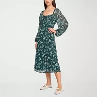 Trixxi Womens Long Sleeve Floral Midi Juniors Fit + Flare Dress