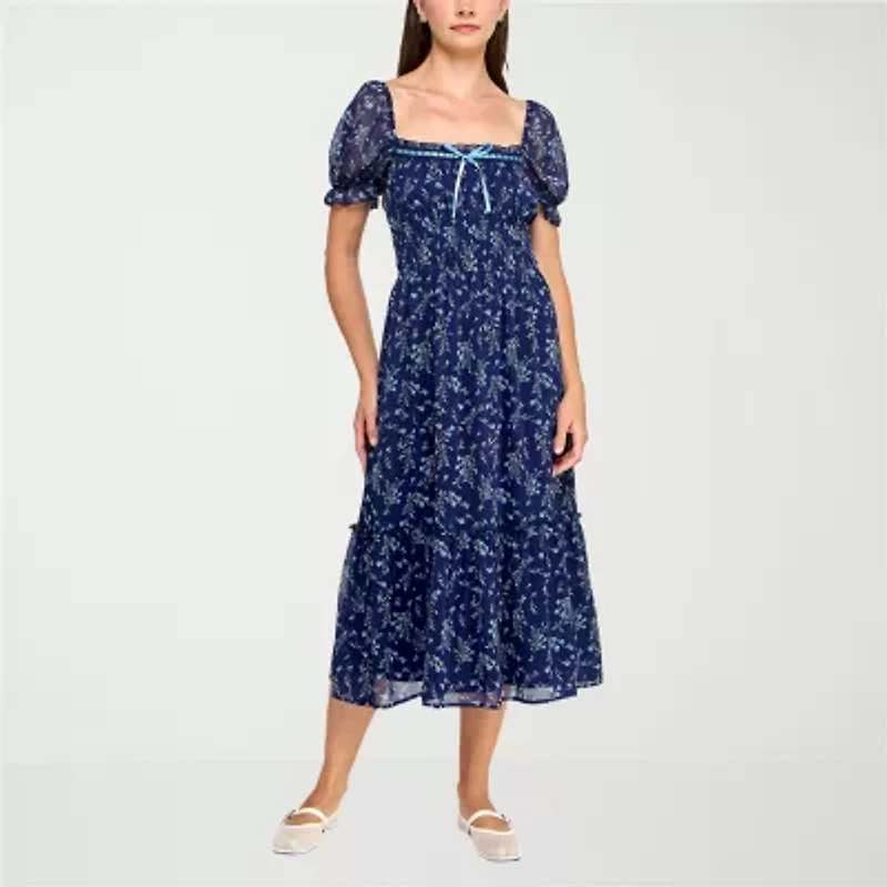 Trixxi Womens Short Sleeve Floral Midi Juniors Fit + Flare Dress