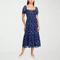 Trixxi Womens Short Sleeve Floral Midi Juniors Fit + Flare Dress