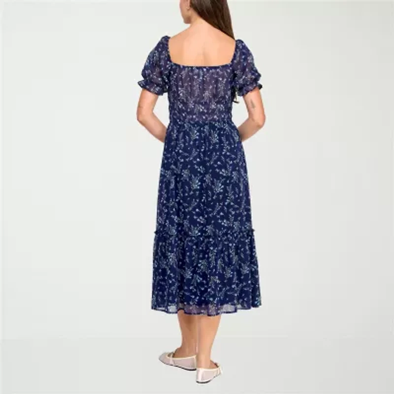 Trixxi Womens Short Sleeve Floral Midi Juniors Fit + Flare Dress