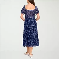 Trixxi Womens Short Sleeve Floral Midi Juniors Fit + Flare Dress