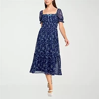 Trixxi Womens Short Sleeve Floral Midi Juniors Fit + Flare Dress