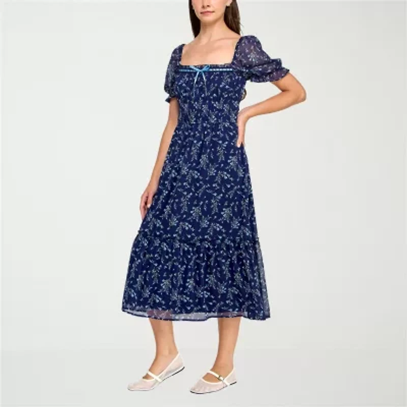 Trixxi Womens Short Sleeve Floral Midi Juniors Fit + Flare Dress