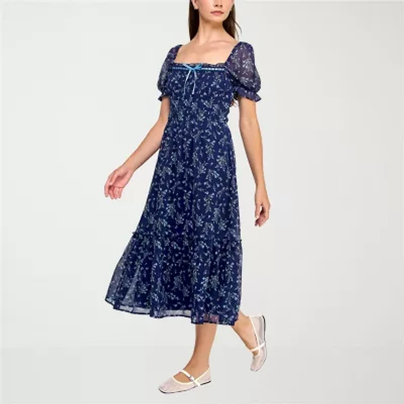 Trixxi Womens Short Sleeve Floral Midi Juniors Fit + Flare Dress
