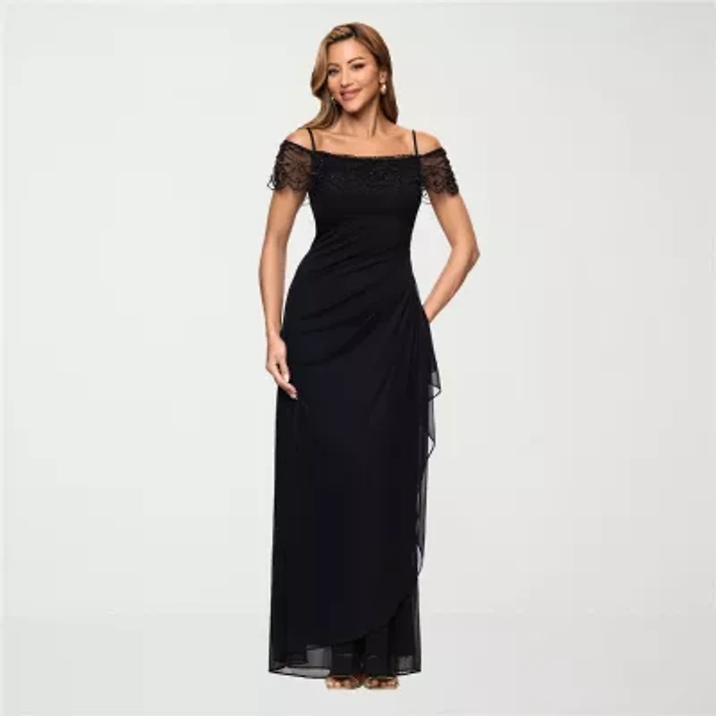 DJ Jaz Off The Shoulder Womens Beaded Short Sleeve Evening Gown