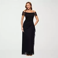DJ Jaz Off The Shoulder Womens Beaded Short Sleeve Evening Gown