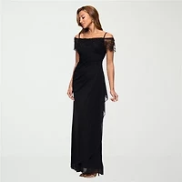 DJ Jaz Off The Shoulder Womens Beaded Short Sleeve Evening Gown