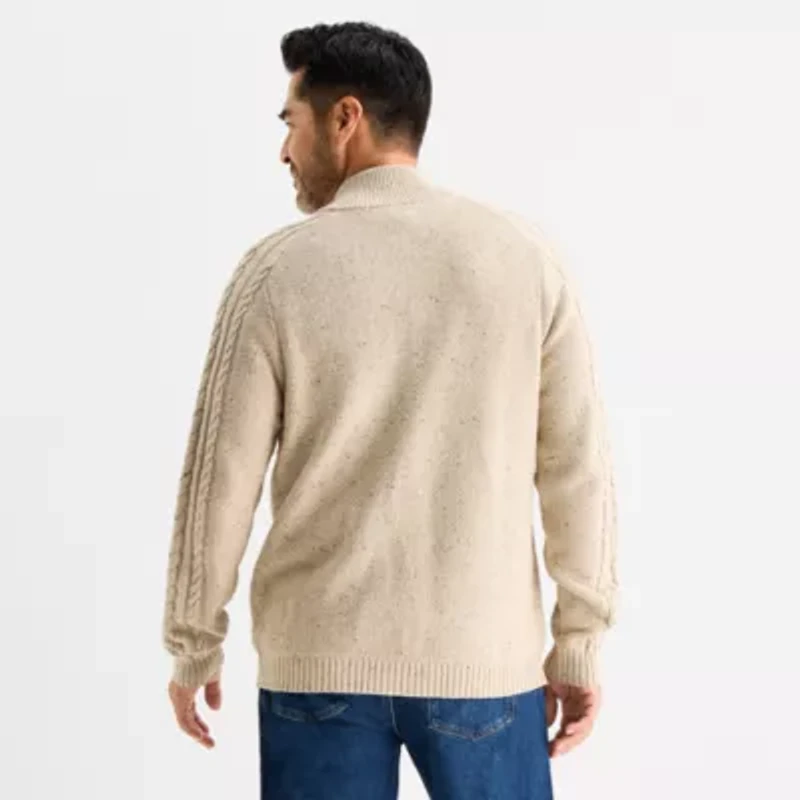 St. John's Bay Full Zip Cable Mens Mock Neck Long Sleeve Zipper Cardigan