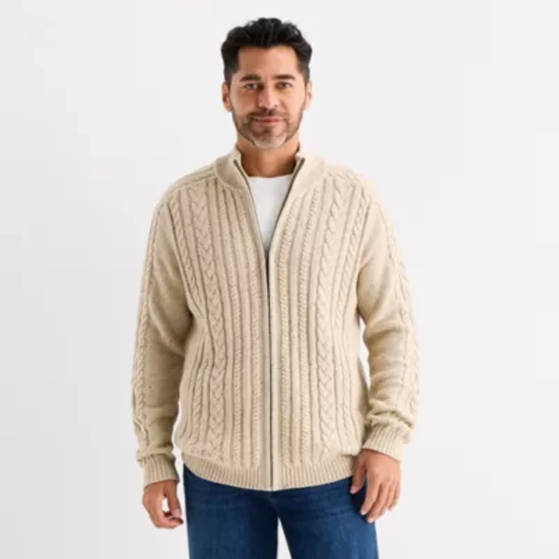 St. John's Bay Full Zip Cable Mens Mock Neck Long Sleeve Zipper Cardigan