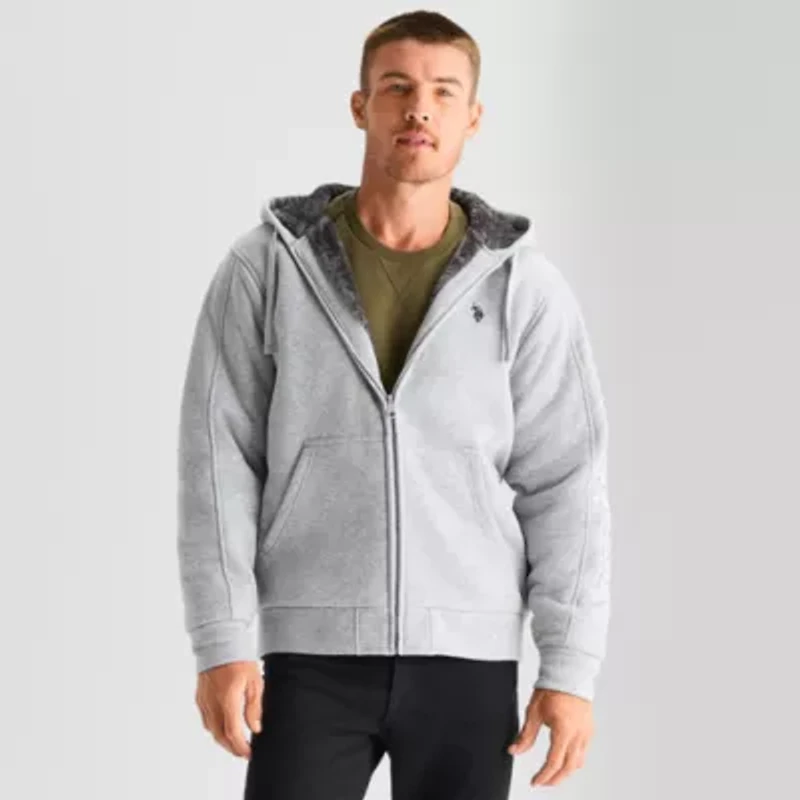 U.S. Polo Assn. Wordmark Sherpa Mens Long Sleeve Embroidered Fleece Zipper Hoodie