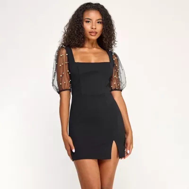 City Triangle Womens Juniors Elbow Sleeve Pearl Trim Bodycon Dress