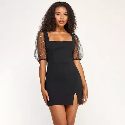 City Triangle Womens Juniors Elbow Sleeve Pearl Trim Bodycon Dress