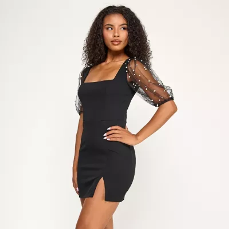 City Triangle Womens Juniors Elbow Sleeve Pearl Trim Bodycon Dress