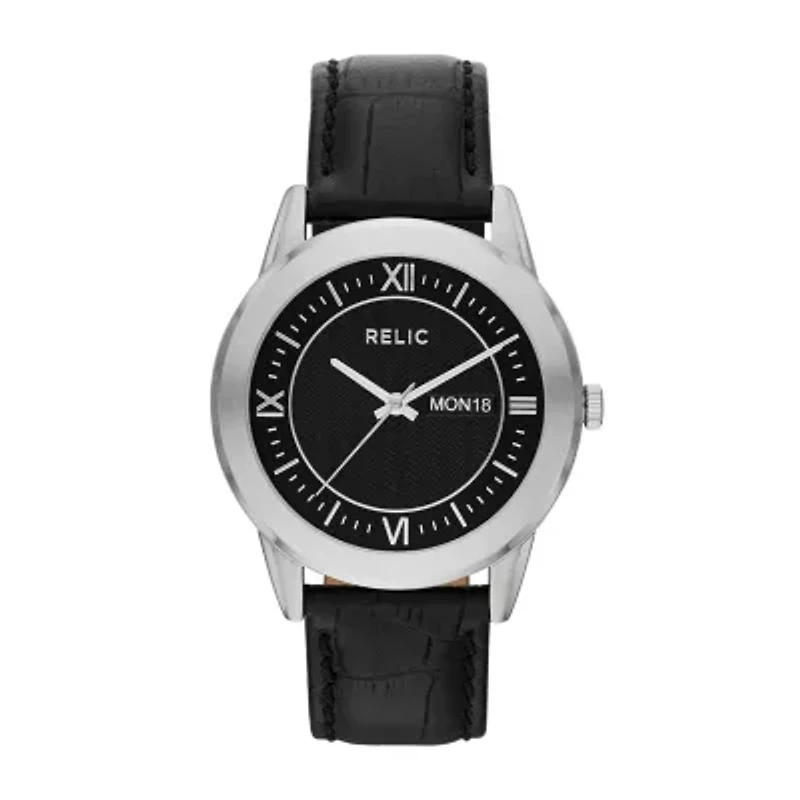 Relic® Mens Silver-Tone Black Leather Strap Watch ZR77267
