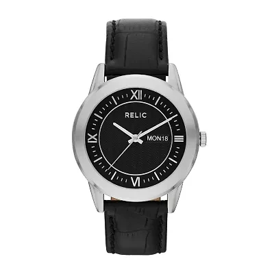 Relic® Mens Silver-Tone Black Leather Strap Watch ZR77267