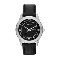 Relic® Mens Silver-Tone Black Leather Strap Watch ZR77267