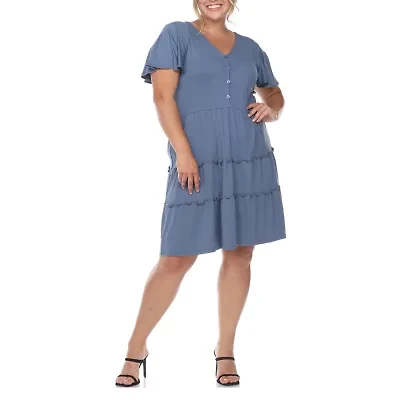 White Mark Womens Plus V Neck Short Sleeve Sundress