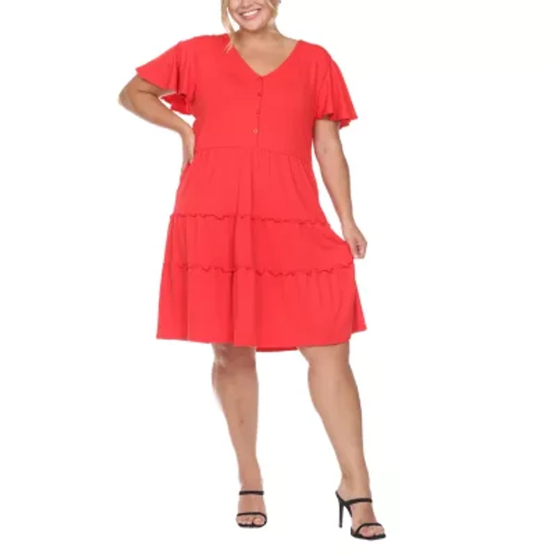 White Mark Womens Plus V Neck Short Sleeve Sundress