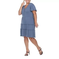 White Mark Womens Plus V Neck Short Sleeve Sundress