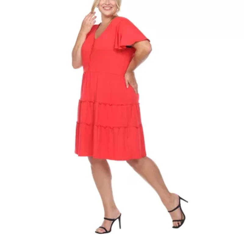 White Mark Womens Plus V Neck Short Sleeve Sundress
