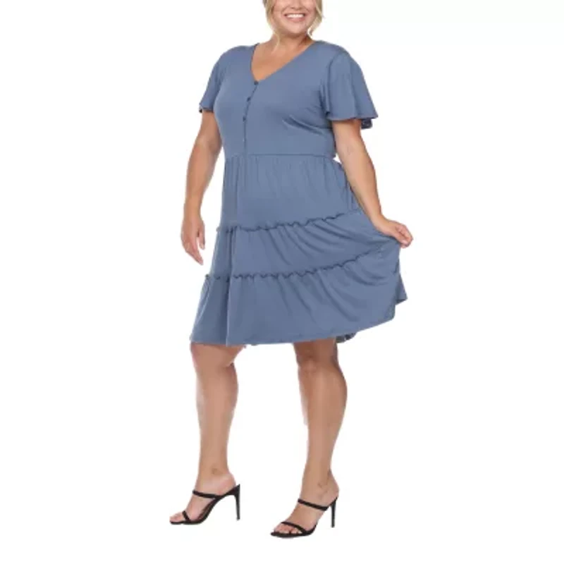 White Mark Womens Plus V Neck Short Sleeve Sundress
