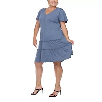 White Mark Womens Plus V Neck Short Sleeve Sundress