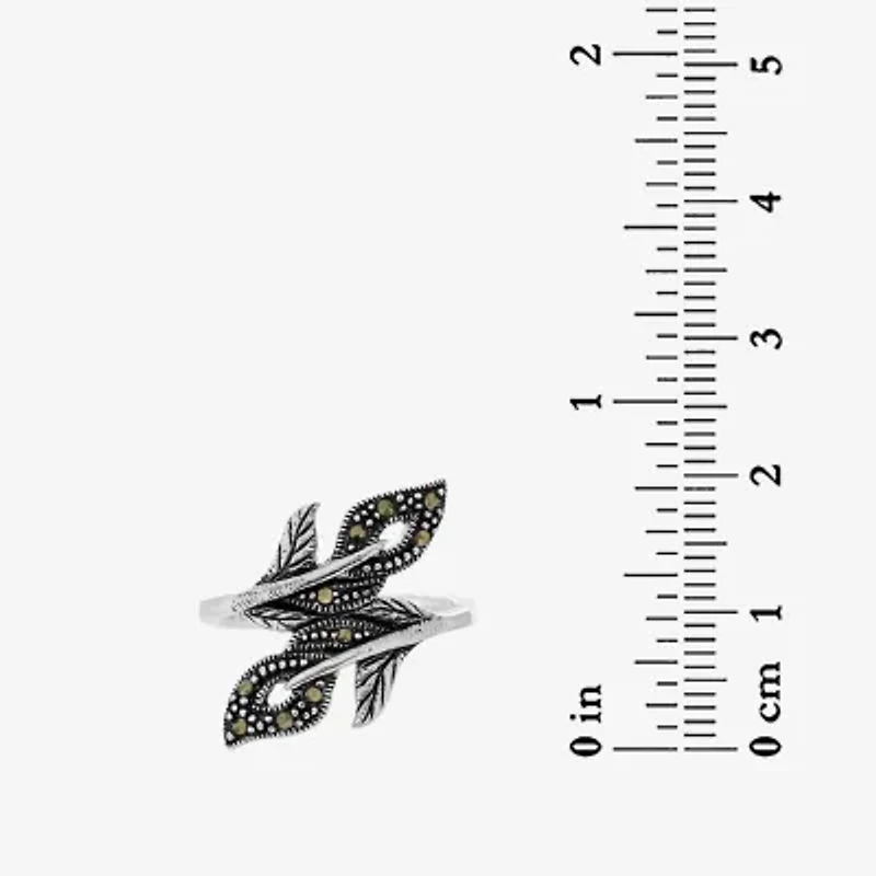 Womens Genuine Black Marcasite Sterling Silver Bypass  Cocktail Ring