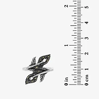 Womens Genuine Black Marcasite Sterling Silver Bypass  Cocktail Ring