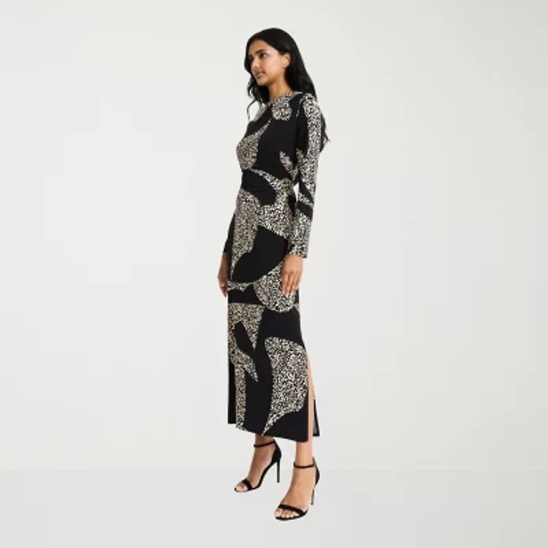 Clover And Sloane Womens Long Sleeve Midi Animal Sheath Dress