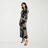 Clover And Sloane Womens Long Sleeve Midi Animal Sheath Dress