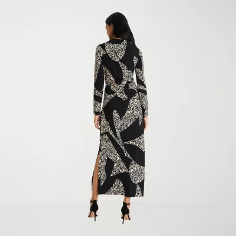 Clover And Sloane Womens Long Sleeve Midi Animal Sheath Dress