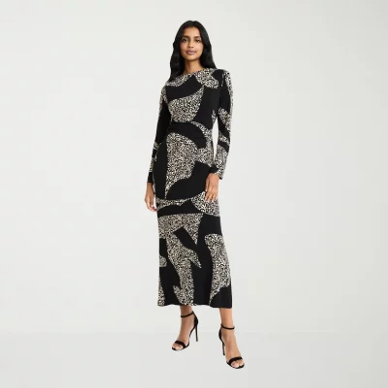 Clover And Sloane Womens Long Sleeve Midi Animal Sheath Dress
