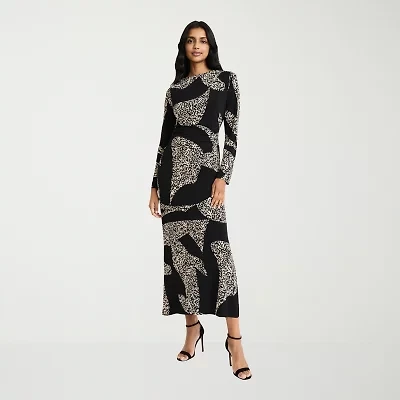 Clover And Sloane Womens Long Sleeve Midi Animal Sheath Dress