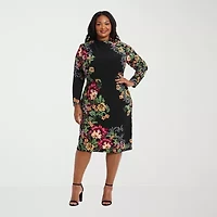 London Style Womens Long Sleeve Midi Floral Plus Sheath Dress