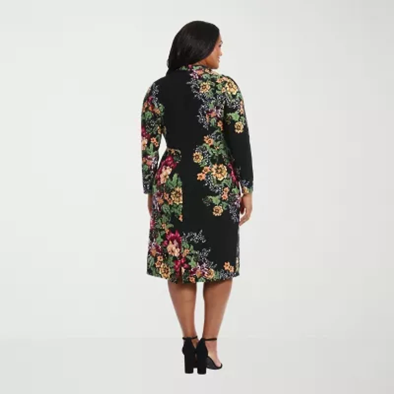 London Style Womens Long Sleeve Midi Floral Plus Sheath Dress