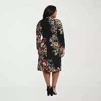 London Style Womens Long Sleeve Midi Floral Plus Sheath Dress