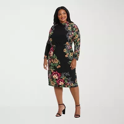 London Style Womens Long Sleeve Midi Floral Plus Sheath Dress