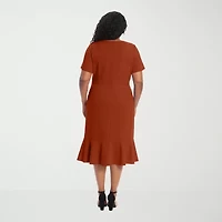 London Style Womens Short Sleeve Midi Plus Sheath Dress