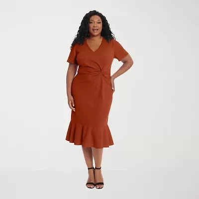 London Style Womens Short Sleeve Midi Plus Sheath Dress