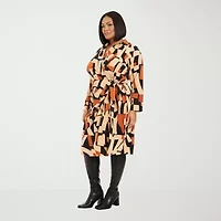 London Style Womens Long Sleeve Striped Midi Plus Fit + Flare Dress