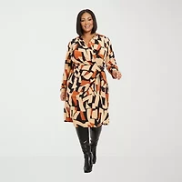 London Style Womens Long Sleeve Striped Midi Plus Fit + Flare Dress