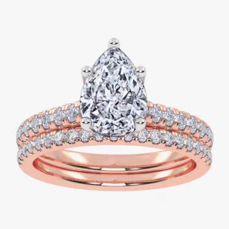 (H-I / Si2-I1) Womens 1 1/2 CT. T.W. Lab Grown White Diamond 10K Rose Gold Pear Side Stone Bridal Set