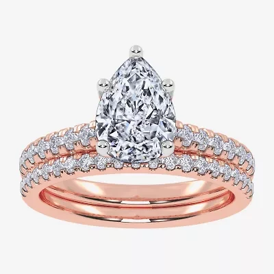 (H-I / Si2-I1) Womens 1 1/2 CT. T.W. Lab Grown White Diamond 10K Rose Gold Pear Side Stone Bridal Set