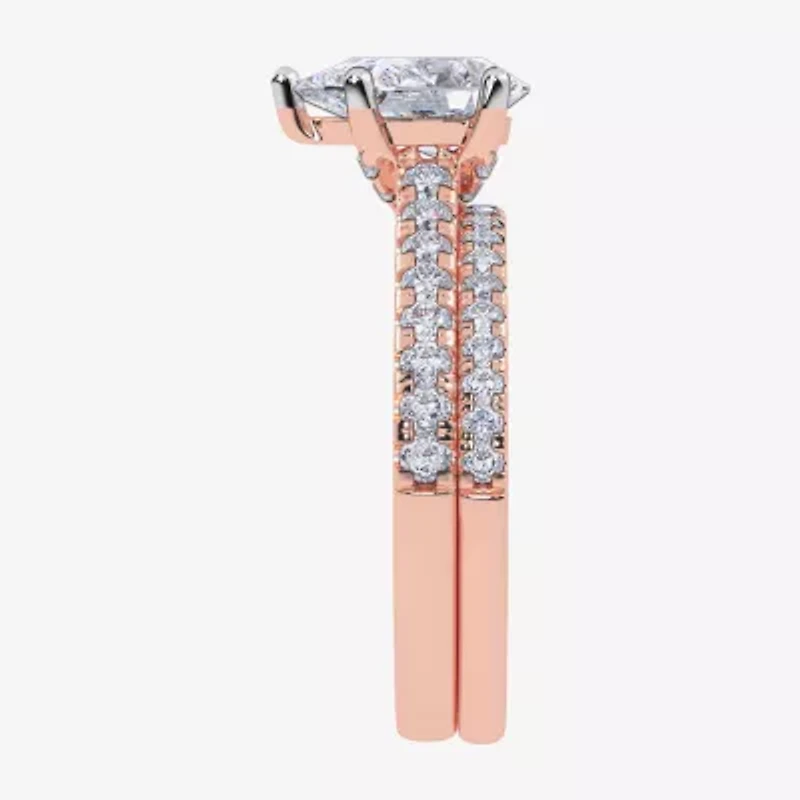 (H-I / Si2-I1) Womens 1 1/2 CT. T.W. Lab Grown White Diamond 10K Rose Gold Pear Side Stone Bridal Set